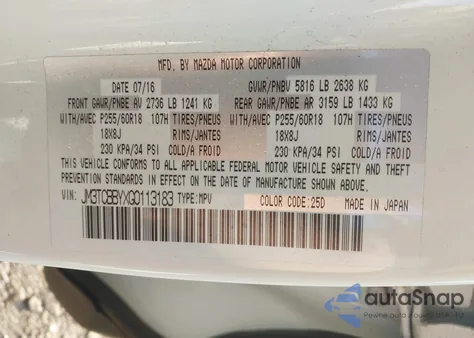 2016 Mazda Cx-9 Sport из США, поврежденный, VIN JM3TCBBYXG0113183